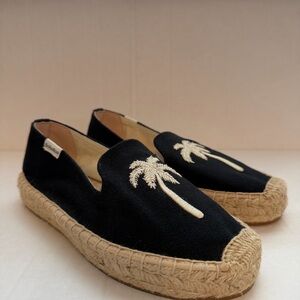 Soludos Palm Tree Platform Espadrilles Loafers Black Woven Slip-On –Size 5 NWOT